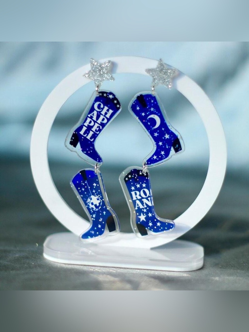 Blue Starry Chappell Roan Cowboy Boot Dangle Earrings Midwest Princess Festival